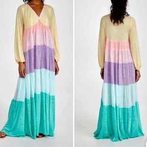 Pitusa Rainbow V Neck Long Sleeve Maxi Pastel Dress OS